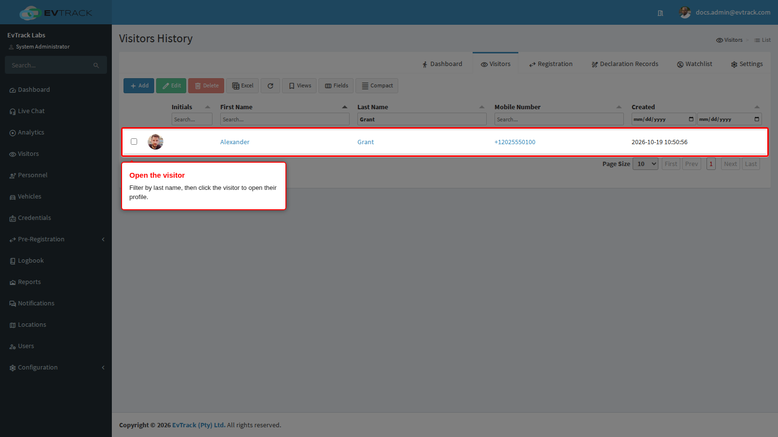Filtering the list and opening the visitor