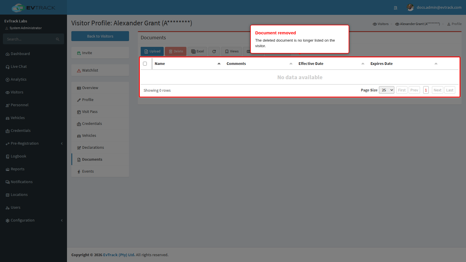 The Documents tab after the deletion