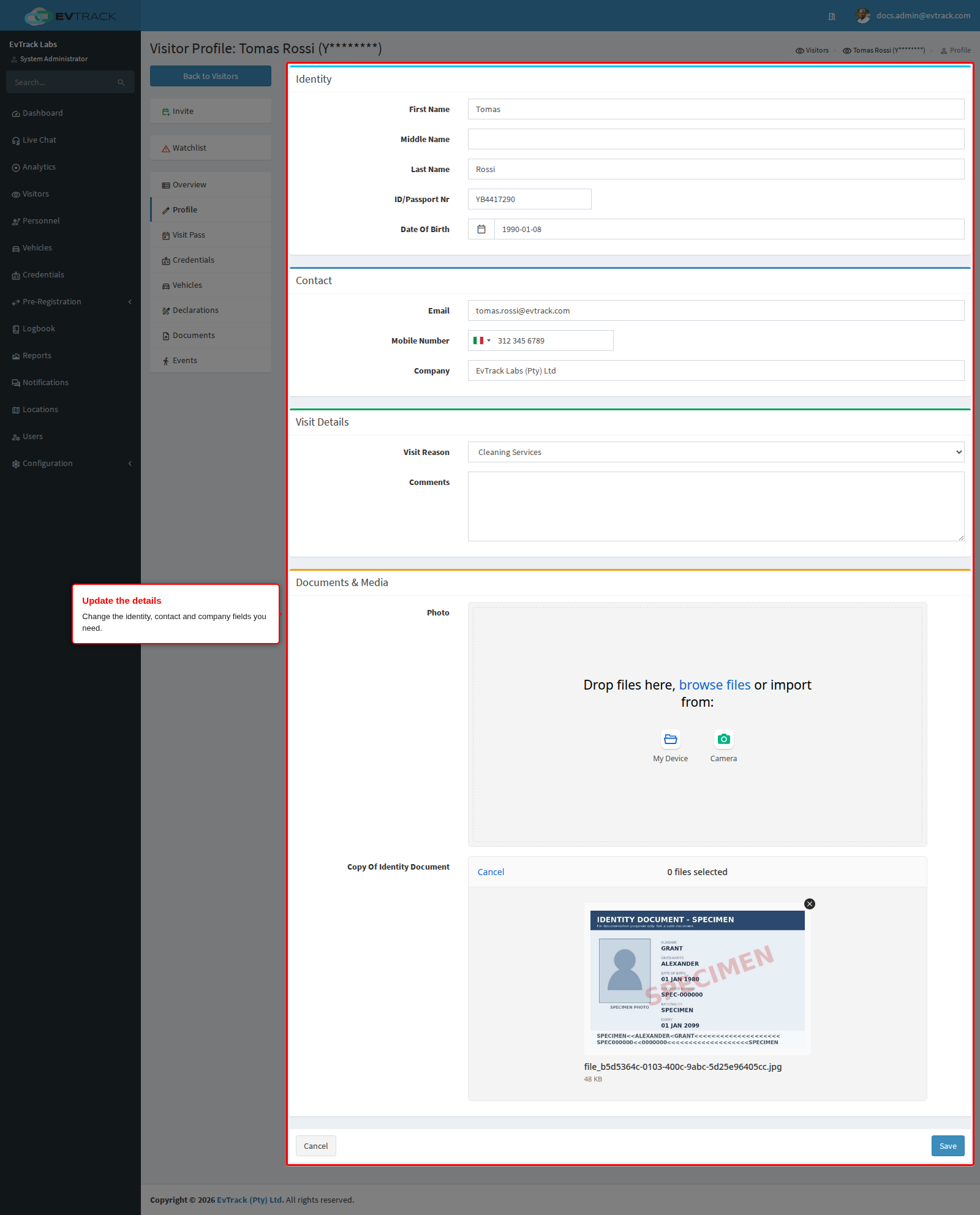 Editable visitor details