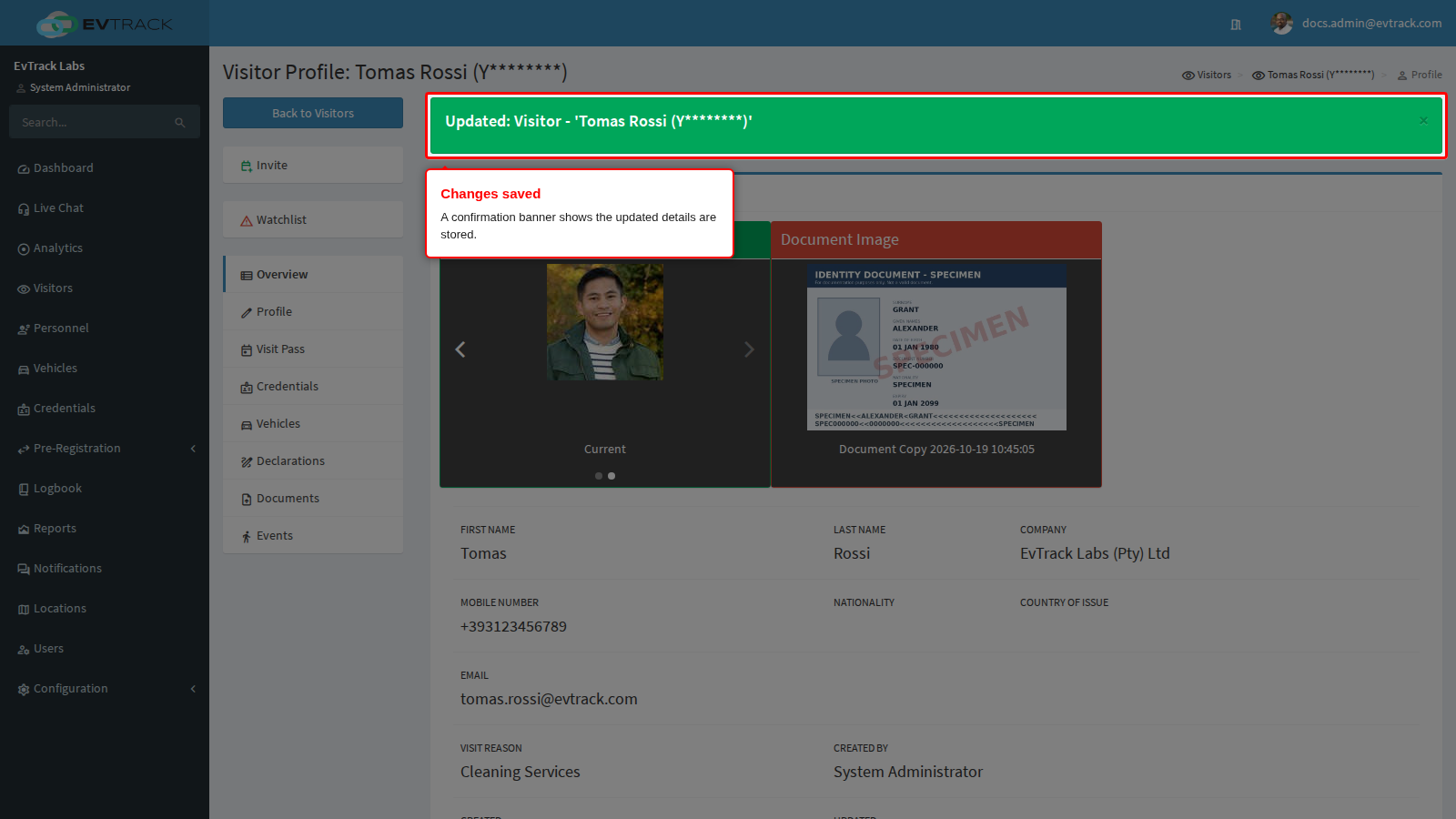 Visitor updated confirmation