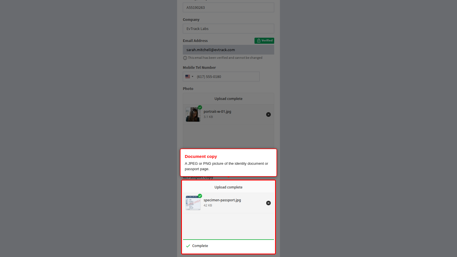 Identity document copy panel