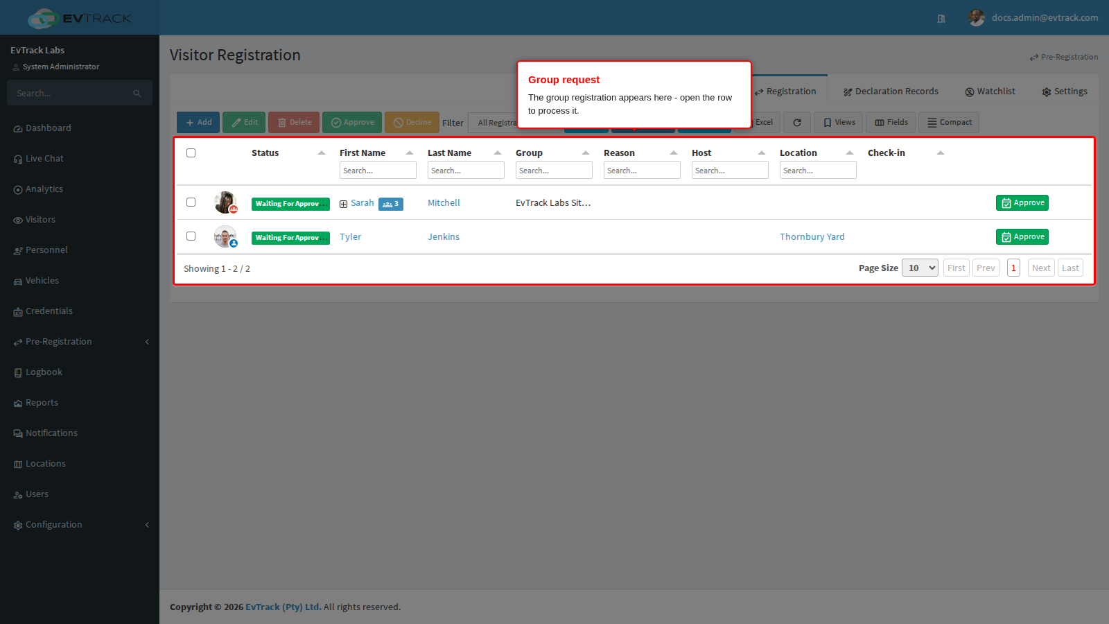 Group request in the Registration list