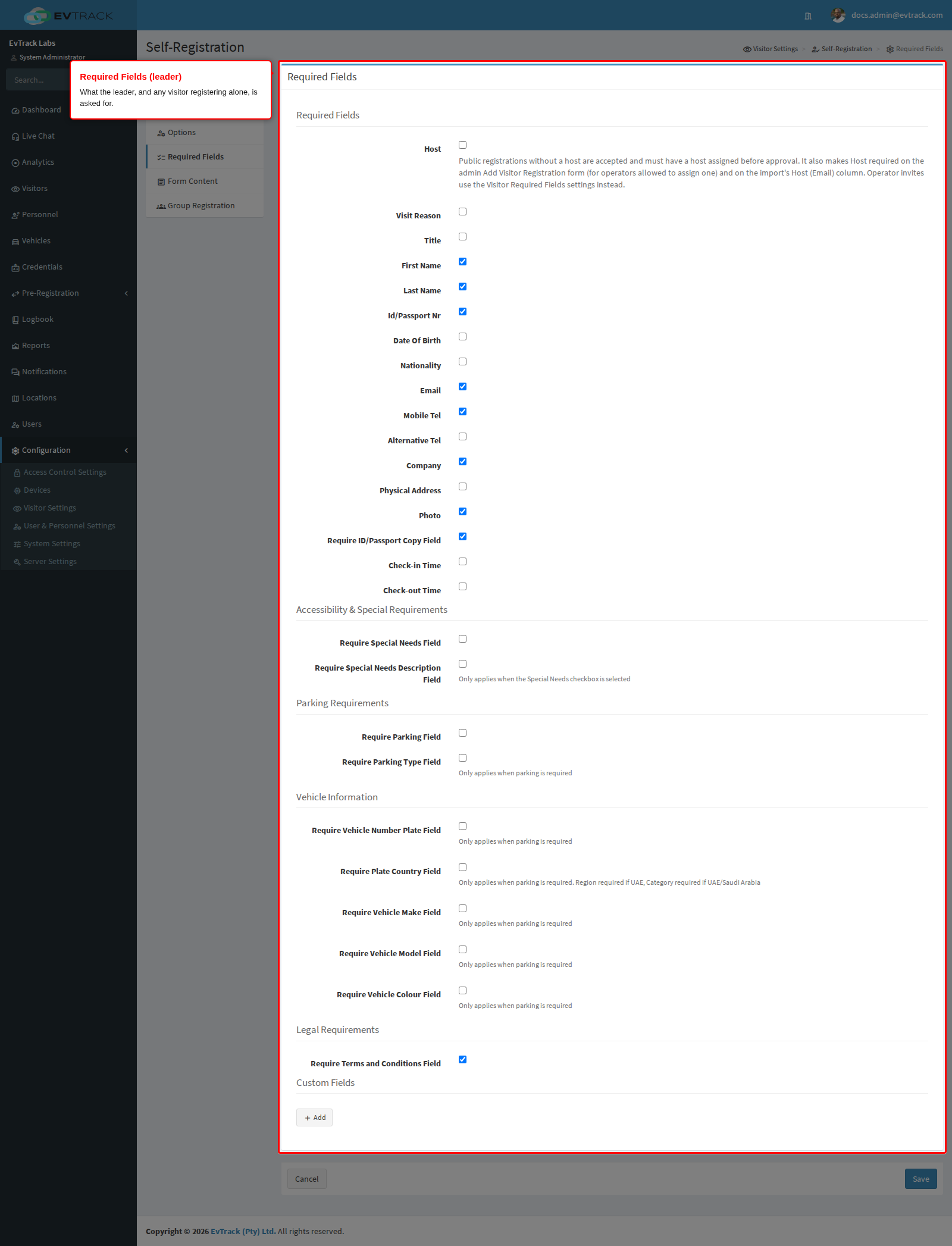 Required Fields for the leader