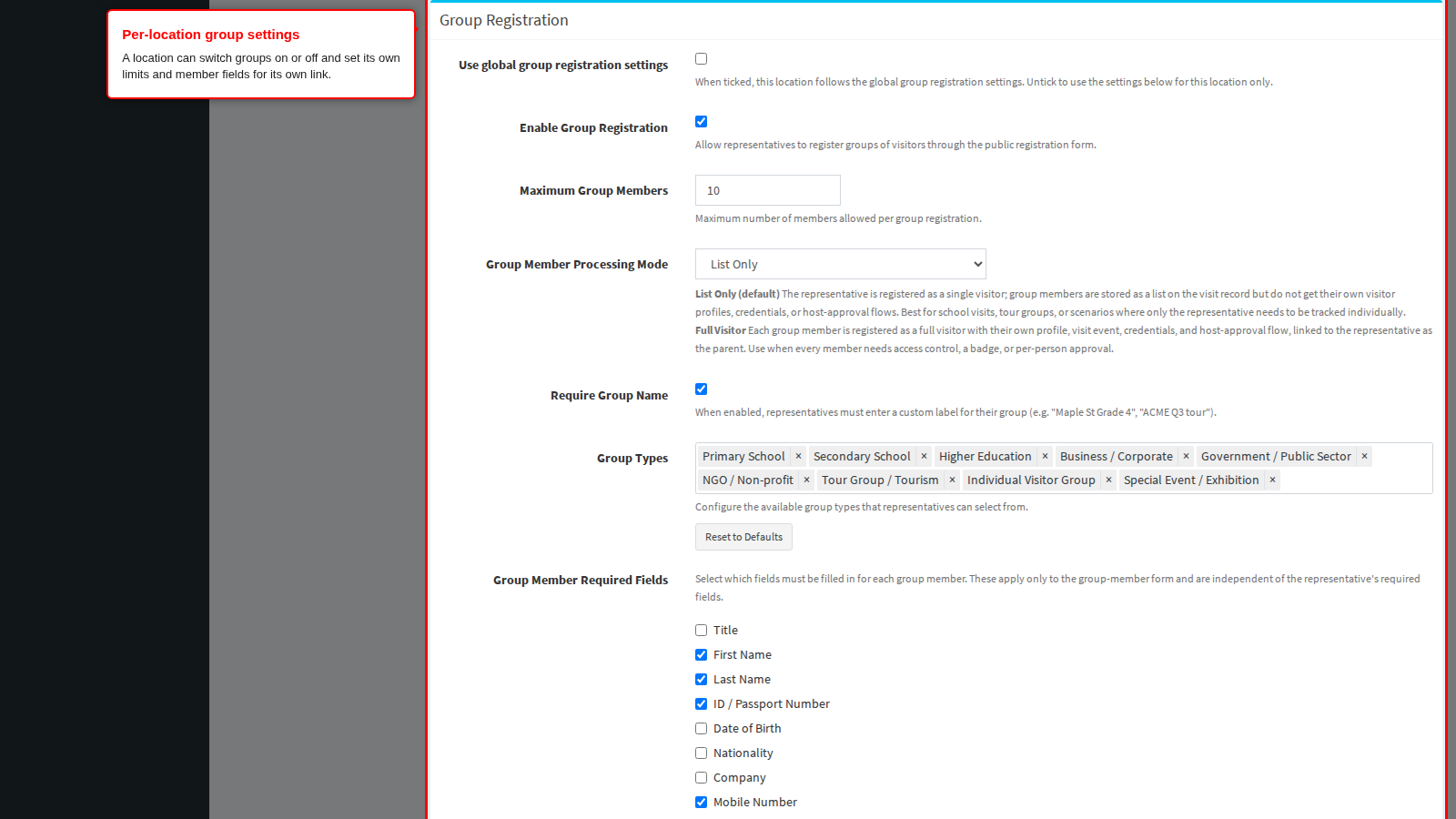 Group settings for one location