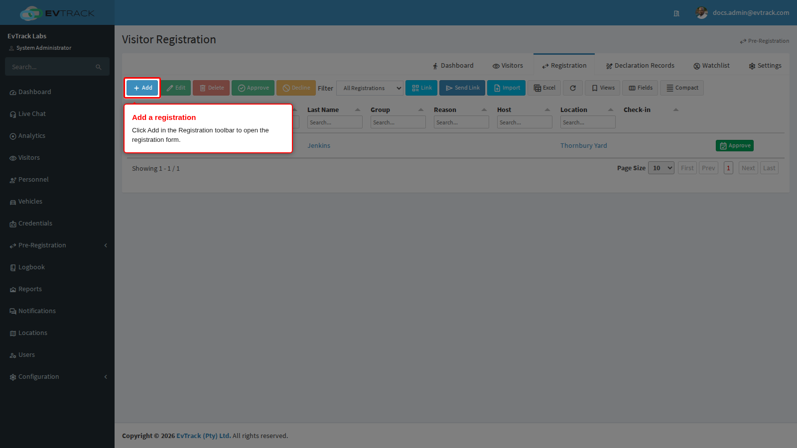 Add button in the Registration toolbar