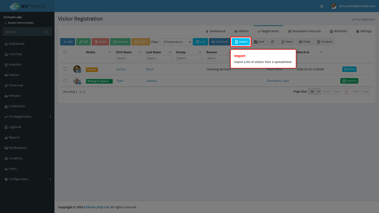 Import button on the Registration list