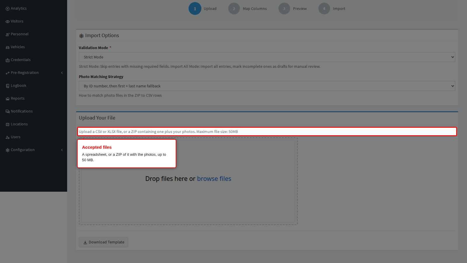 Upload step with the accepted files and size limit
