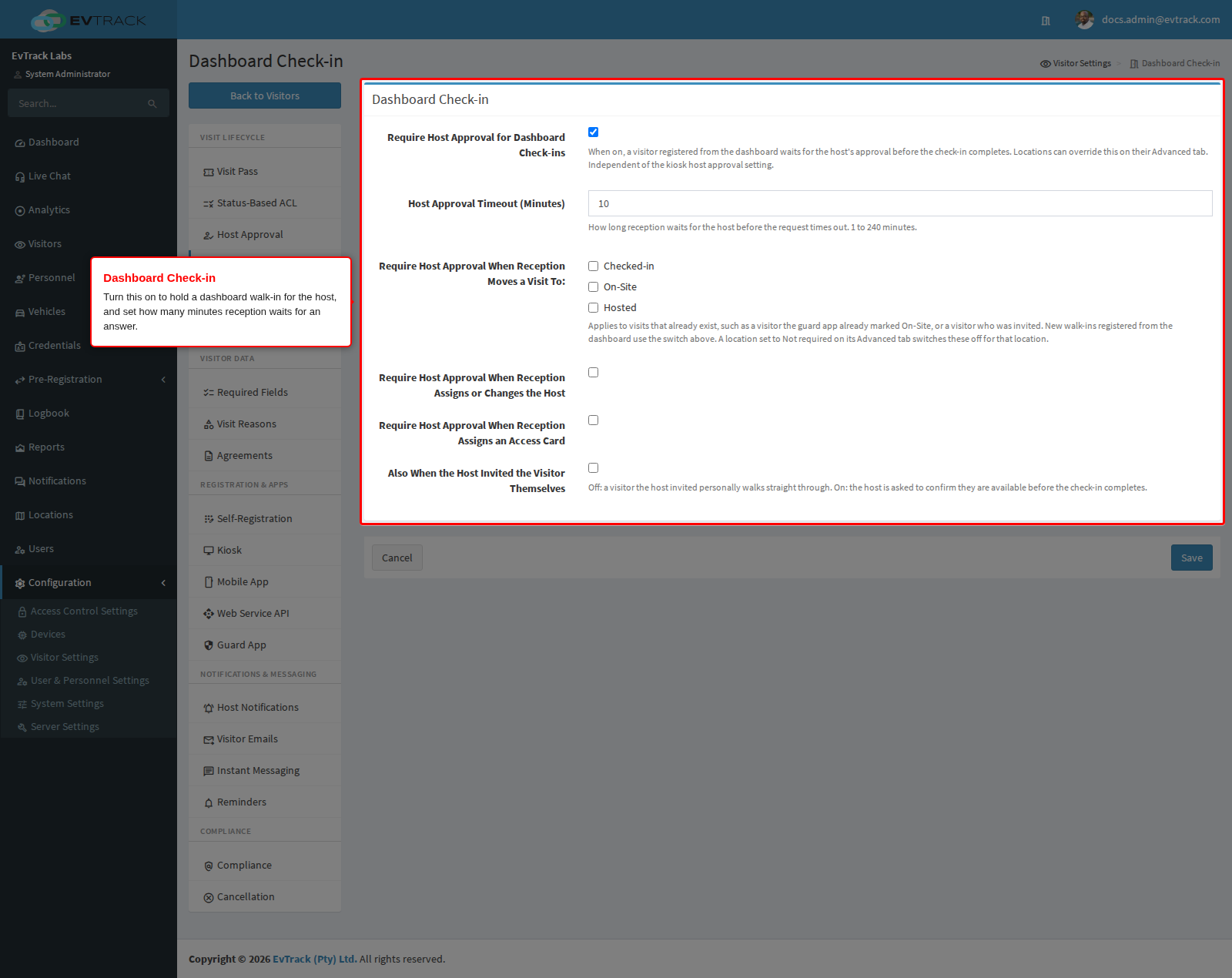 The Dashboard Check-in settings panel, including the switches for changes to an existing visit
