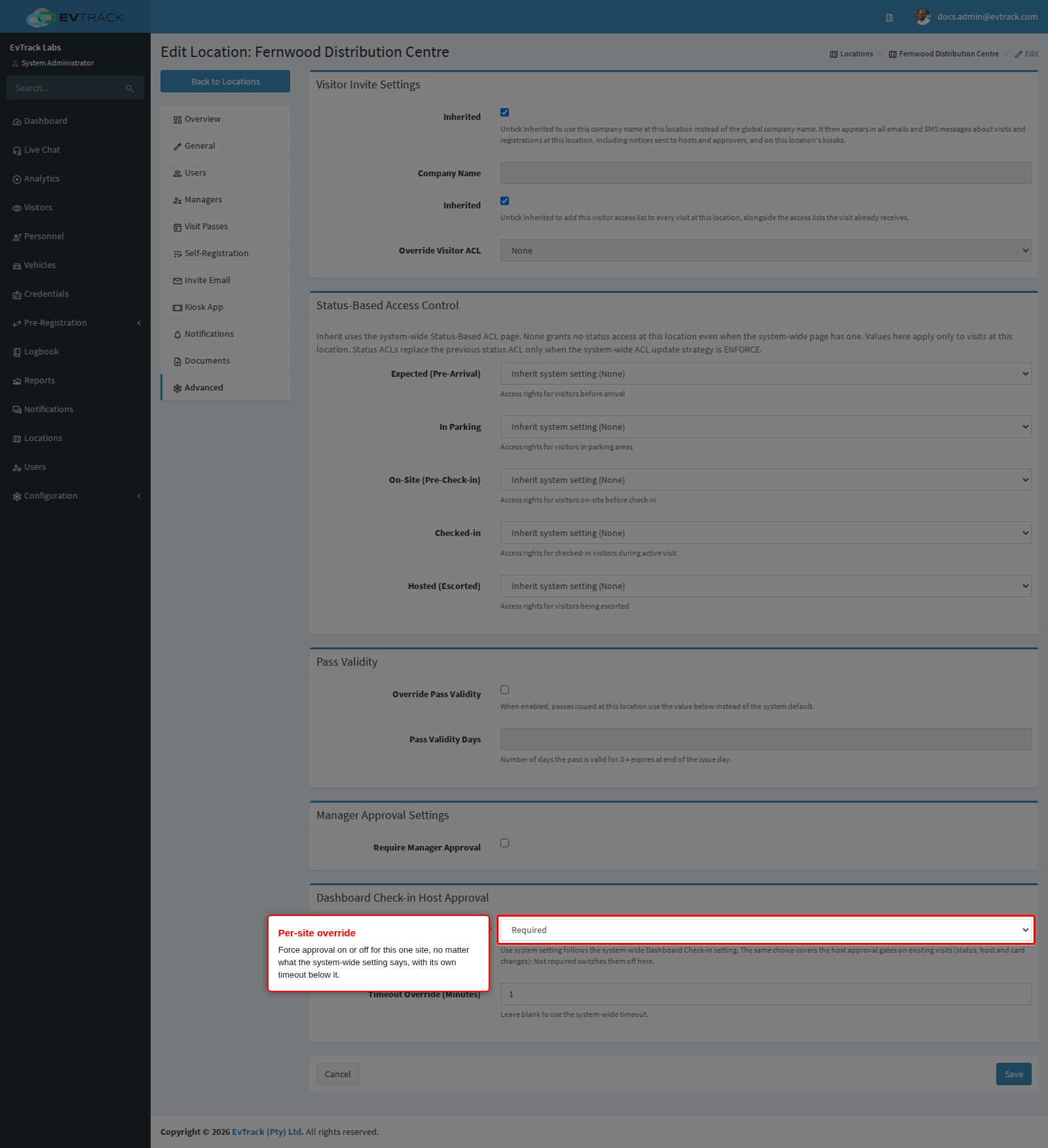 The per-location Dashboard Check-in Host Approval override