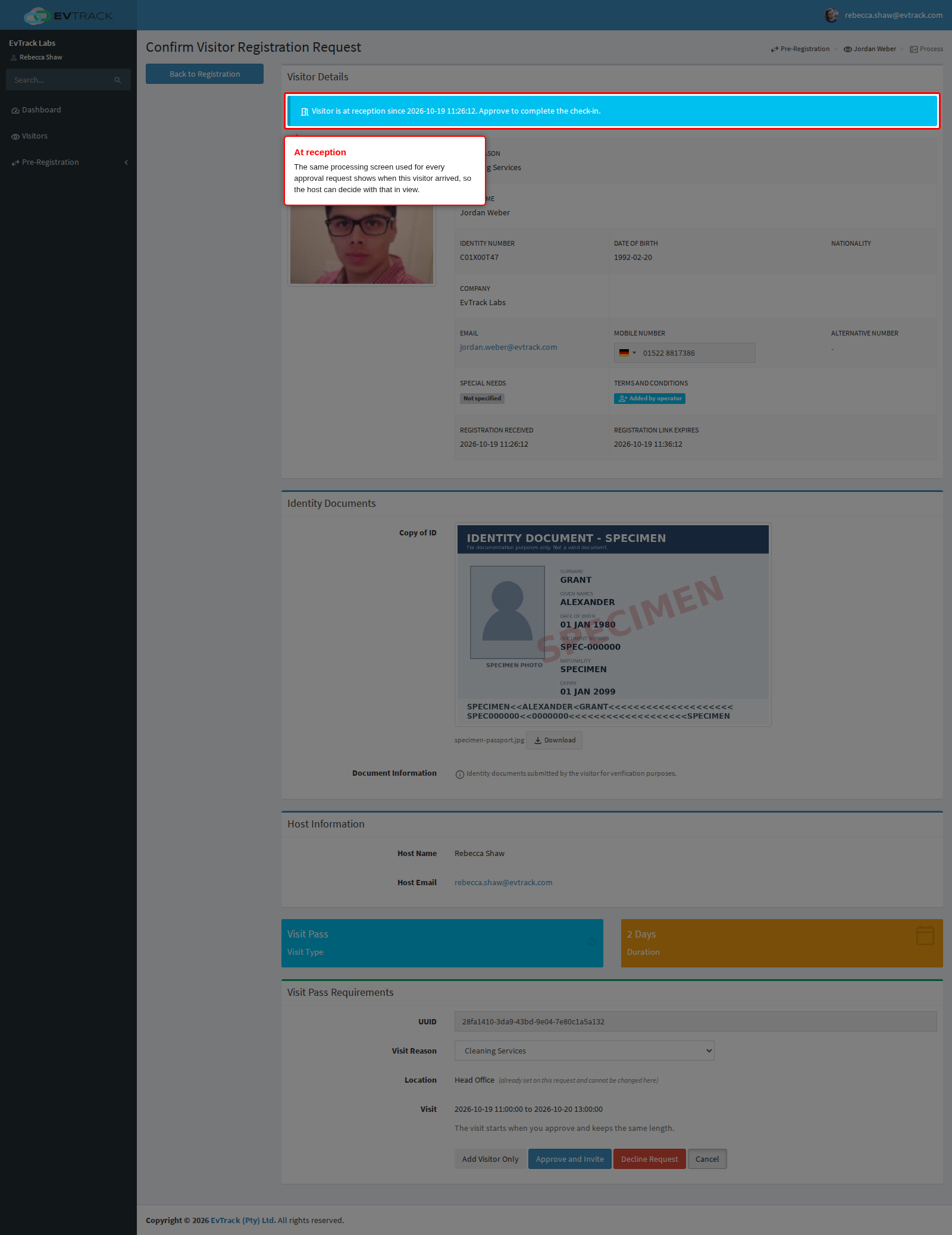 The processing screen showing the visitor is at reception