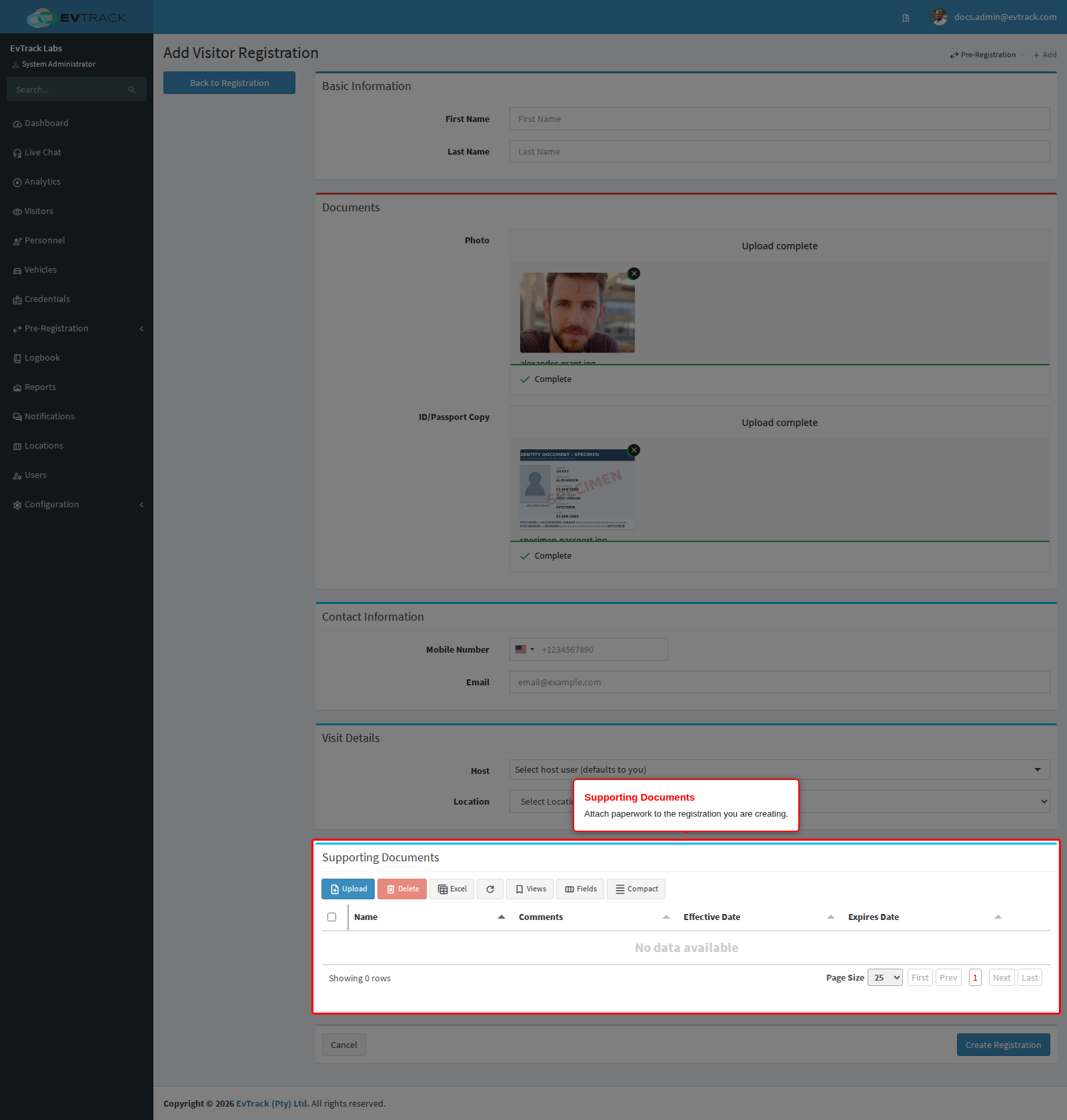 The Supporting Documents panel on the add screen