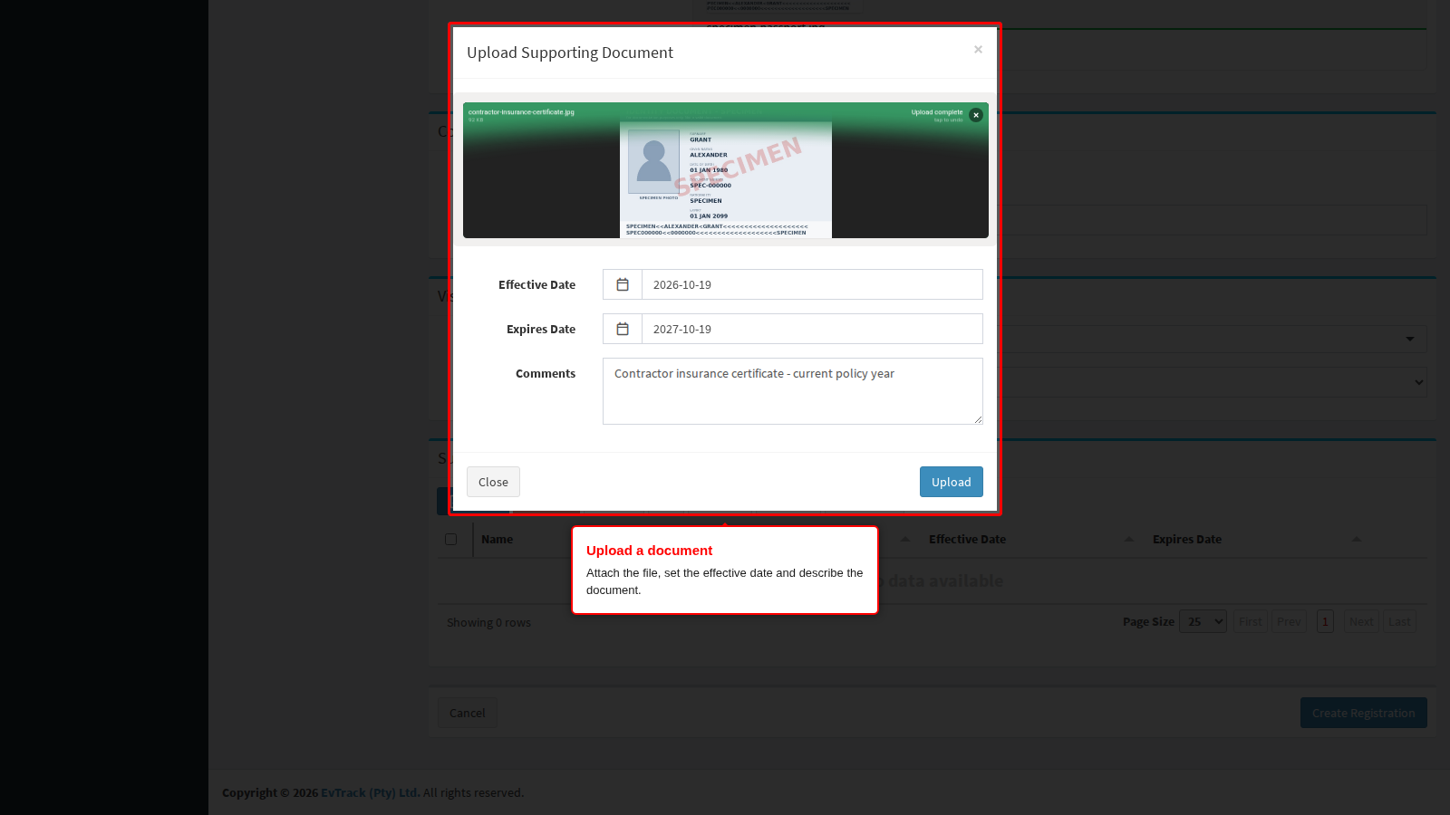 The upload dialog