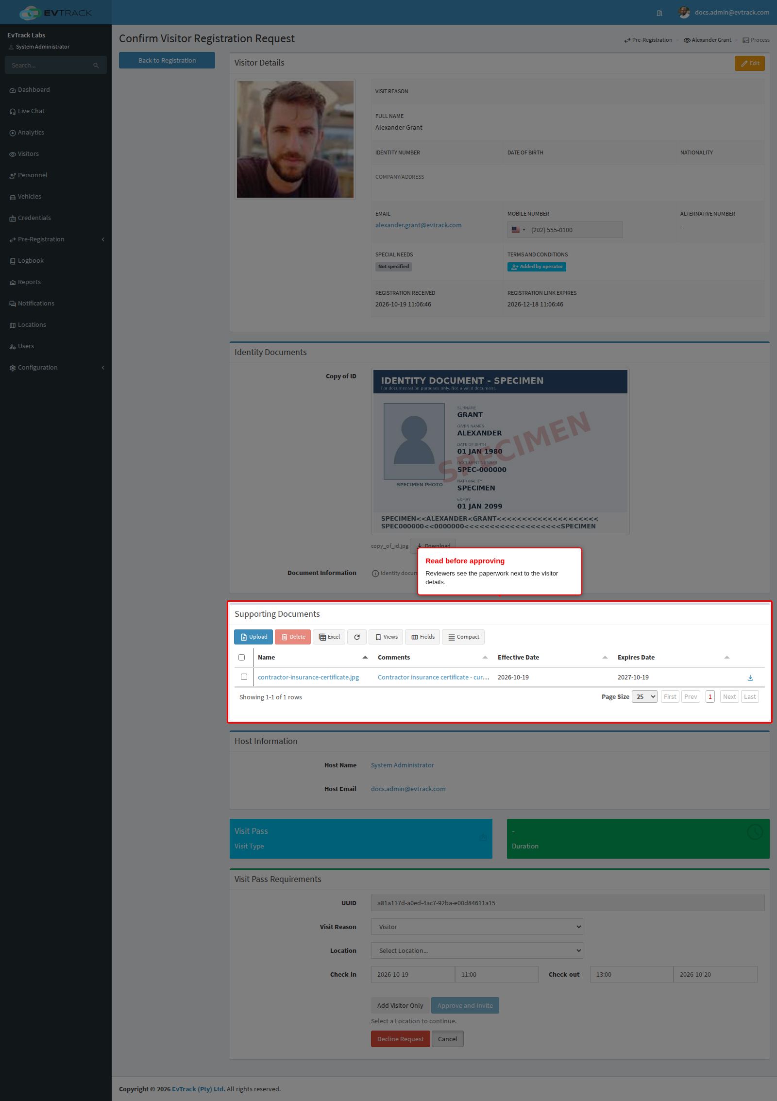 Supporting documents on the processing screen