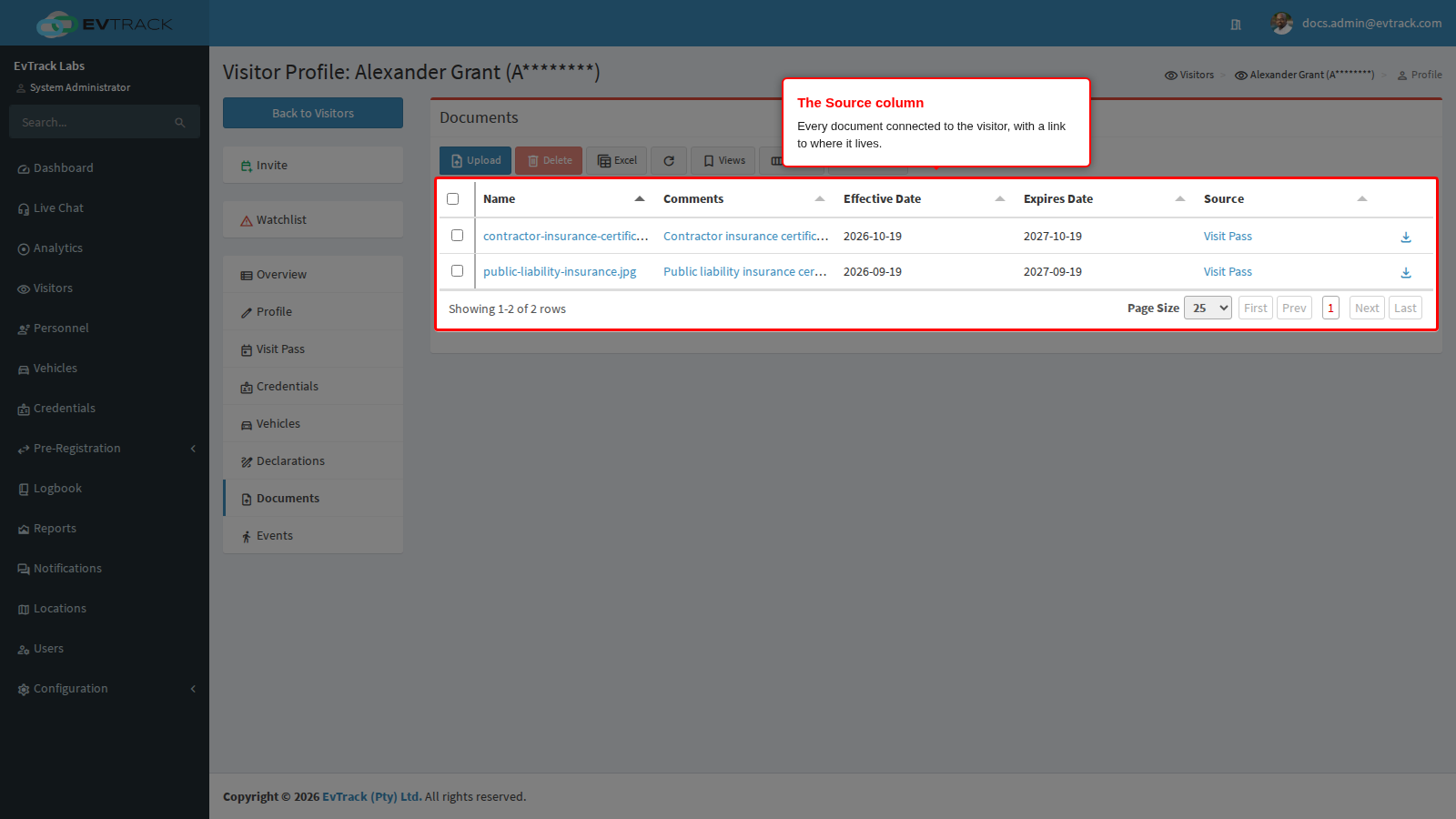 The visitor's Documents tab with the Source column