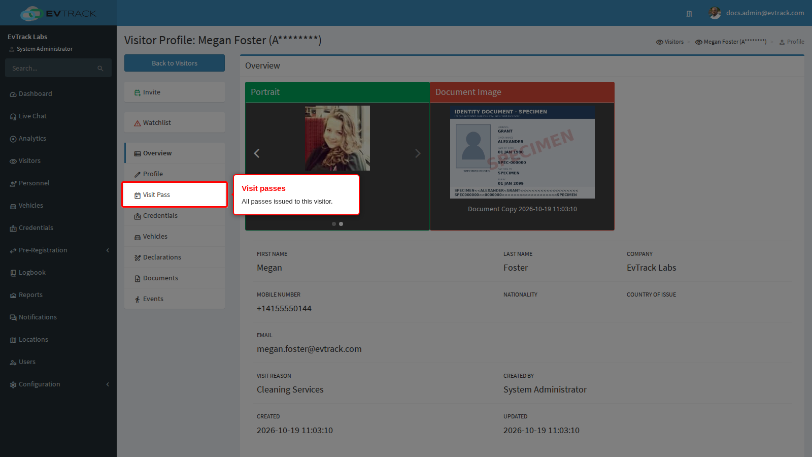 Visit Pass tab on the visitor profile