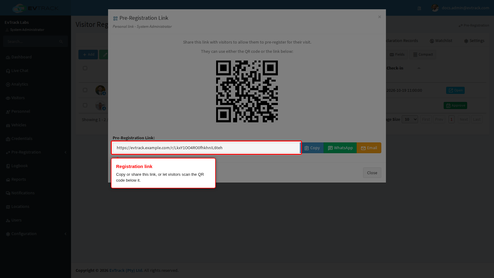 Registration link and QR code sharing dialog
