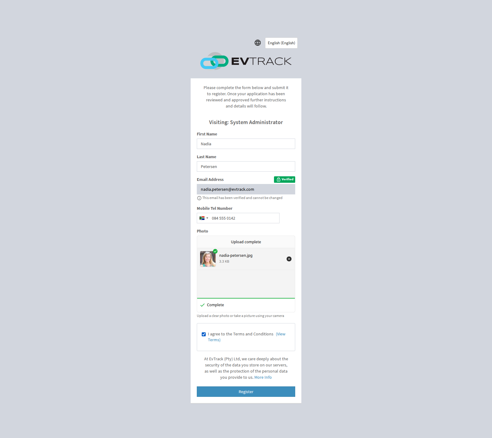 Completed self-registration form