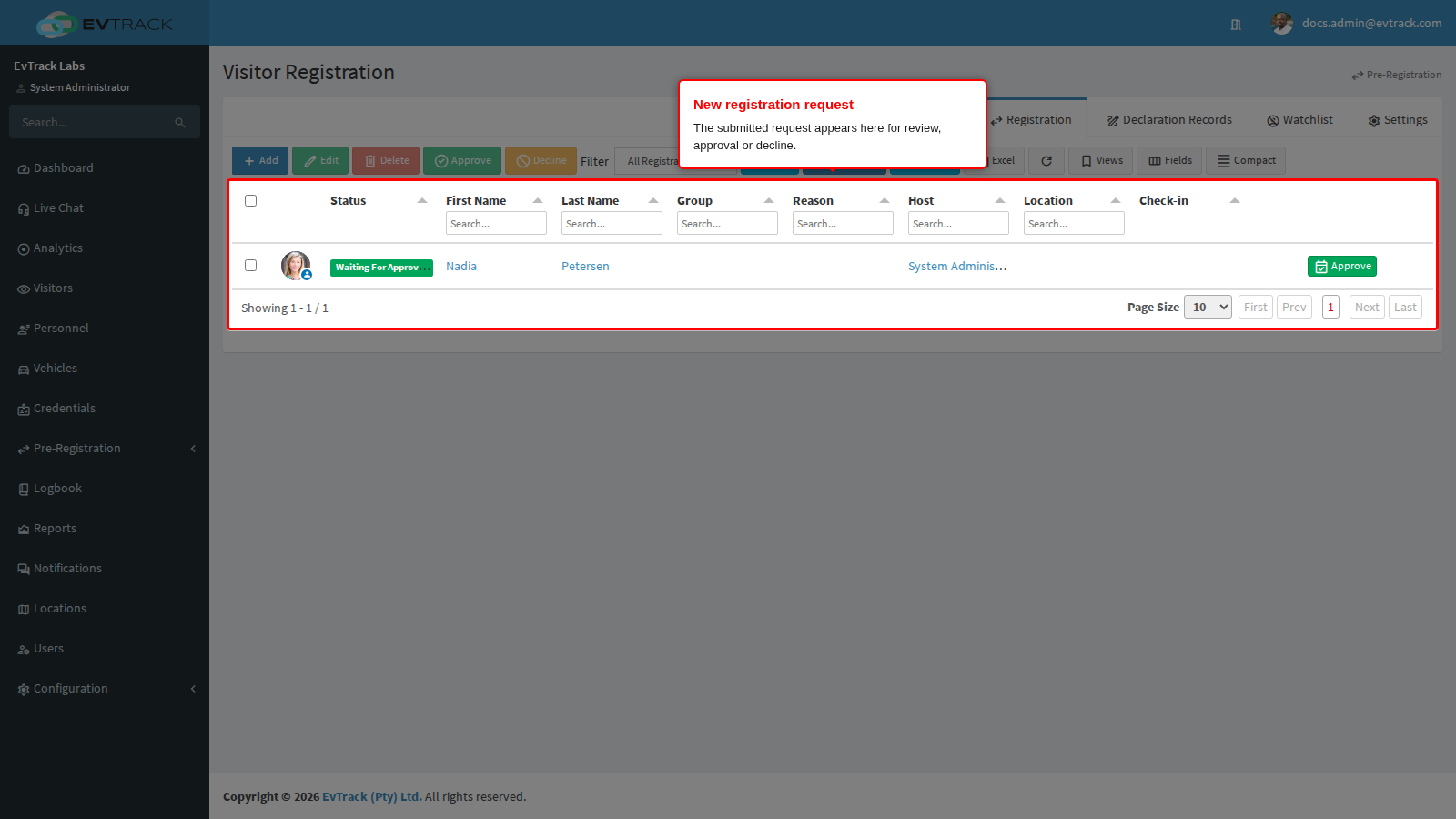 New registration request, Waiting For Approval, in the admin list