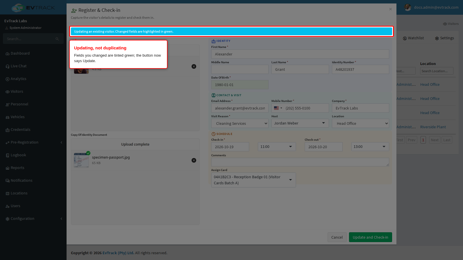 Updating an existing visitor
