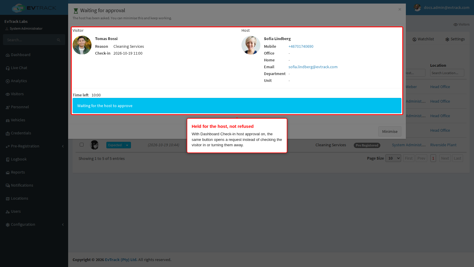 The waiting panel after submitting, with host approval switched on