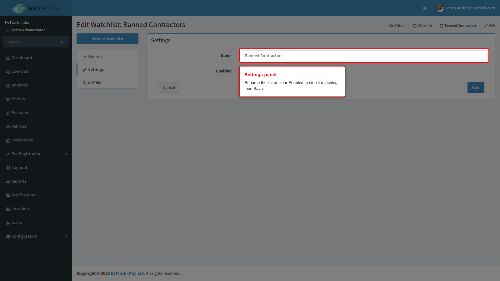 Settings panel