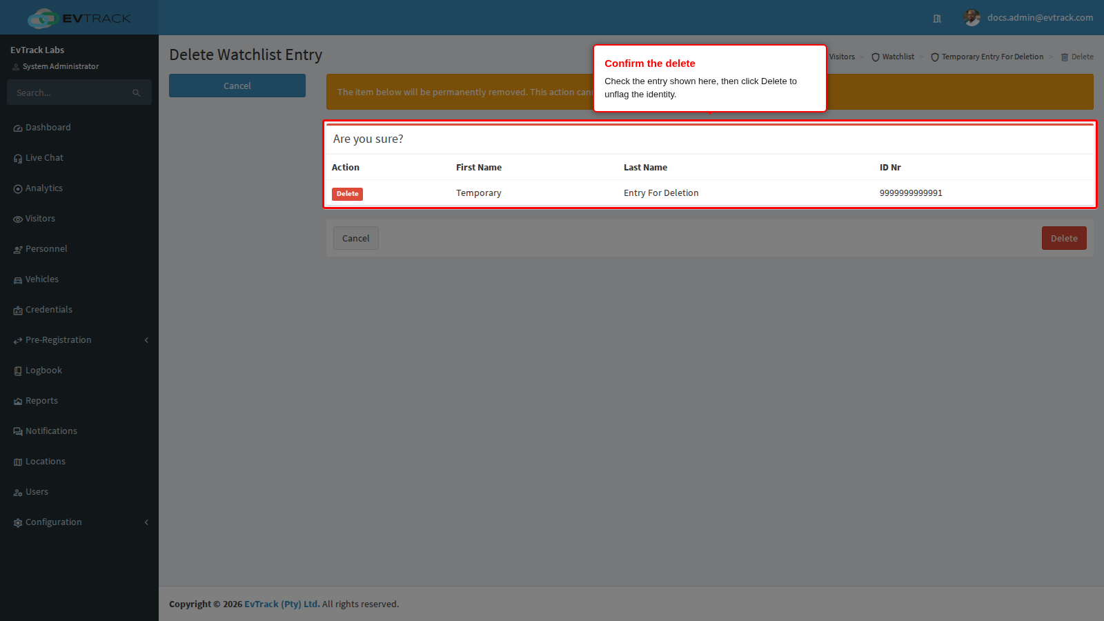 Entry delete confirmation